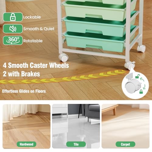 Rolling Storage Cart with 8 Drawers & Wooden Tabletop, Utility Cart with Wheels for Craft Storage, Home, School, Bedroom, Living Room, Dorm, Office, Classroom, Art Supply Storage Organizer Cart, Green
