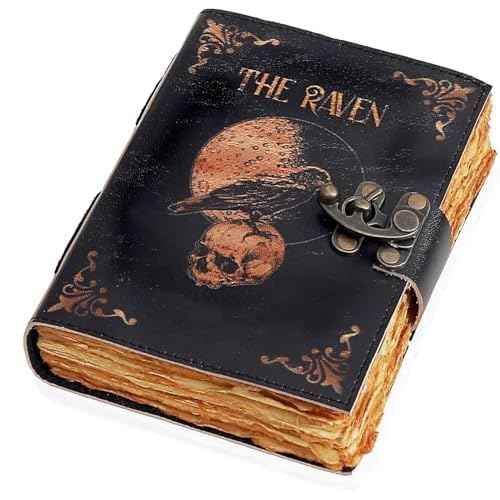 Leather Gothic Journal Magical Raven Skull Spiral Notebook Mystery Crow Journal Grimoire Witchcraft Spellwork Journal Great for Halloween and Raven Lovers Aesthetic Leather Journal for Men and Women (10 x 7 inches)