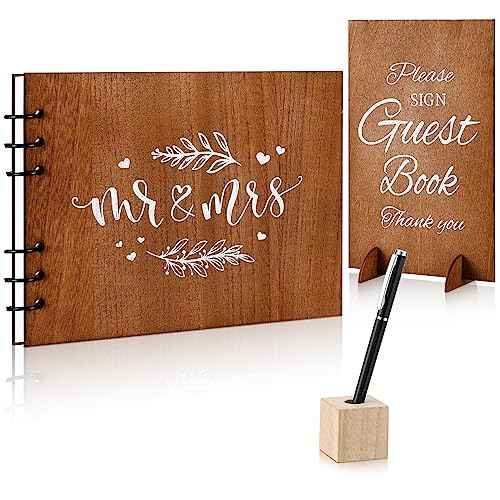 Wooden Wedding Guest Book with Pen and Holder Table Reception Sign Wooden Guestbook Registry Album 50 Pages for Decorative for Wedding Anniversary Birthday Engagement Supplies(Fresh)