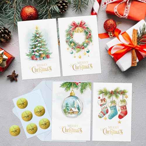 FLYAB Boxed Christmas Cards - 24 Assorted Merry Christmas Cards with Envelopes Gold Foil Holiday Gift Set for Family Friend Business