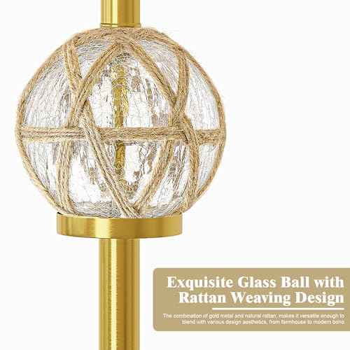 Oneach 61.5" Modern Floor Lamp for Living Room, Gold Boho Standing Lamp with Rattan Glass Design, Rotary Switch, Farmhouse Tall Lamps for Bedroom Office Dining Room (Without Bulb)