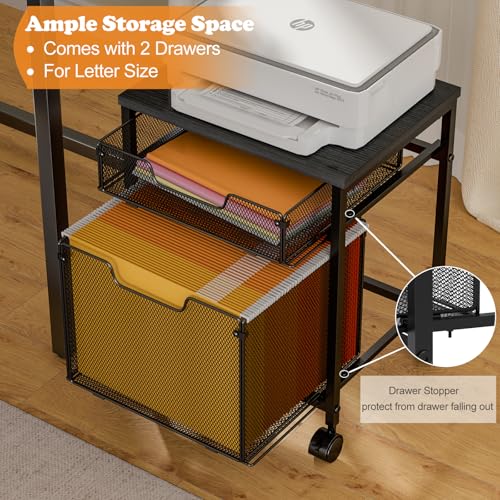 Black Small Rolling File Cabinet Cart with 2 Drawers, Lockable Wheels & Under-Desk Printer Stand