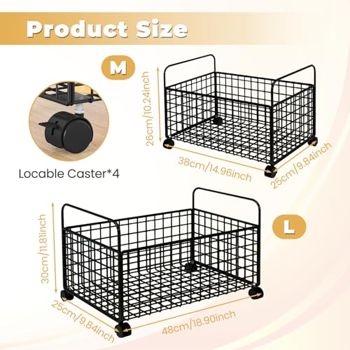 Under Desk Storage Cart with Lockable Wheels - Mobile Mesh Utility Cart, Black (Medium)