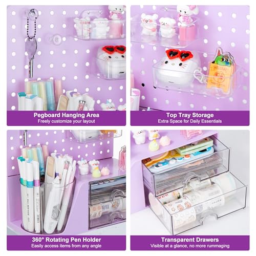 Purple Comix Desk Organizer with 2 Drawers & 360° Rotating Pen Holder