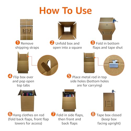 Brown 20x20x34 inch Wardrobe Moving Boxes with Hanger Bar - 3 Pack