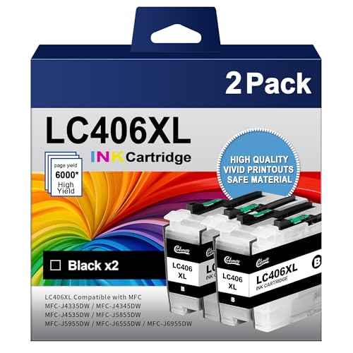 LC406XL High Yield Ink Cartridge Compatible Replacement for Brother LC406 LC406XL LC 406 XL Black Ink Cartridges use with Brother MFC-J4535DW MFC-J4335DW MFC-J5855DW MFC-J6555DW Printer (BK, 2 Pack)