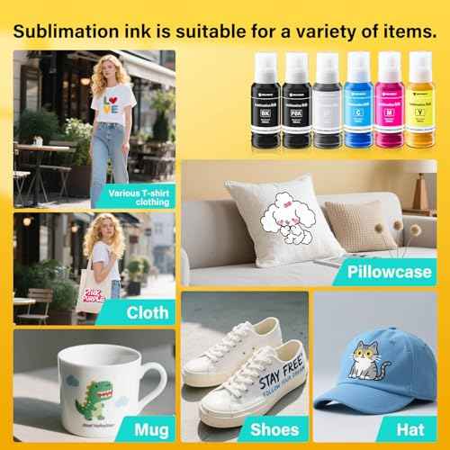 600ML Sublimation Ink with Heat Tape for Ecotank ET-8550 ET-8500 ET8550 ET8500 8550 8500 Wide-Format Supertank Printers, Heat Press Transfer on T-Shirt Tumblers (6x100ML, BK PB C M Y GY)