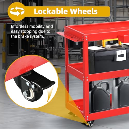 DWVO 3-Tier Rolling Tool Cart, 550lbs Capacity Utility Cart on Wheels, Durable Metal Construction with Screwdriver Board & Storage Box, Ideal for Garage, Warehouse Mechanic Work, Red