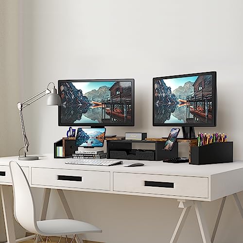 Simple Houseware Rustic Brown Dual Monitor Stand Riser with Drawer & Phone Holder