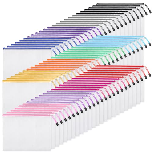 EOOUT 72pcs Mesh Zipper Pouch, A4 Size, 12 Colors Zipper Bags for Organizing Storage, Waterproof Puzzle Bag, Zipper File Bags for Board Games and School Office Supplies
