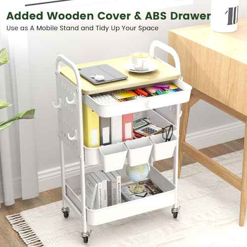 danpinera Rolling Utility Cart with Drawer, 3 Tier Rolling Cart with Wheels, Hooks & Hanging Cups, Craft Cart Art Cart Snack Cart Rolling Storage Cart with Wooden Table Top & DIY Pegboards, White