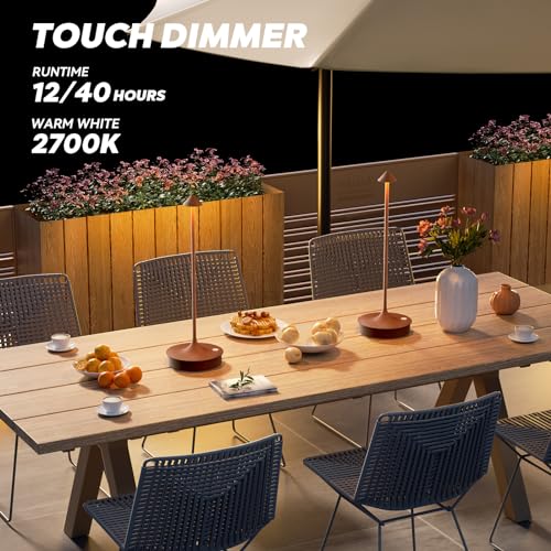 Set of 2 Small Cordless Table Lamp Rechargeable, Battery Operated Desk Lamp, 4000mAh LED Touch Lamp, Dimmable Portable Outdoor Waterproof Wireless Table Light for Restaurants/Bars/Outdoor(Brown)