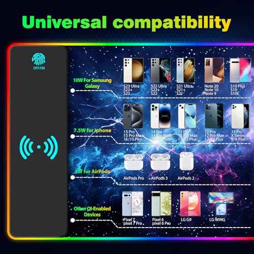 AIMSA RGB Gaming Mouse Pad with Wireless Charging, Large Keyboard Mouse Pad with 14 LED Light Modes, Non-Slip Rubber Base Waterproof Desk Pad for Home Office Decor, Blue Purple Cosmic Nebula
