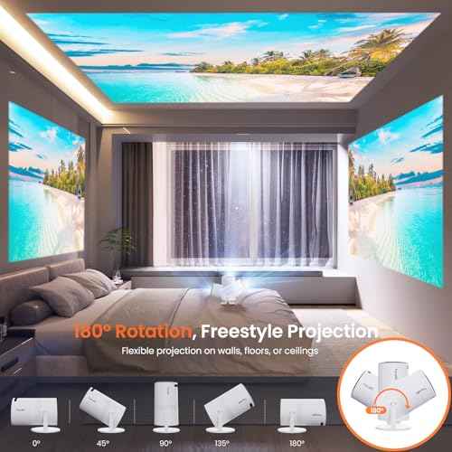 [Two-Way Bluetooth 5.2] Mini Portable Projector 1080P HD Multi-Angle Projection, Tecaki Smart Projector with 180¡ÆRotatable Mount Auto Keystone Correction Long Lens Life (White2)