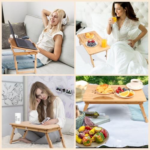 Adjustable Bamboo Laptop Desk with Cooling Fan, Foldable Bed Tray for Work & Dining