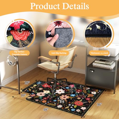 Office Chair Mat 36x48 Convex Black Colorful Flower - Lreedy