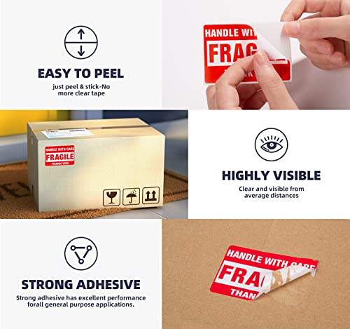 LuckyGuard 3 x 2 Inch Handle with Care Fragile Stickers (500 Labels, Roll) for Shipping & Moving