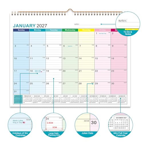 Ougesi 14''x11'' Colorful 18-Month Wall Calendar 2026-2027 Jul-Dec Academic Planner