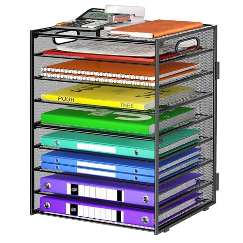 9 Tier Paper Organizer with Handle, Large Capacity Desk Organizer Mesh File Folder Letter Paper Tray Desktop Document Sorter for Classroom, School, and Office Accessories Organization- Black
