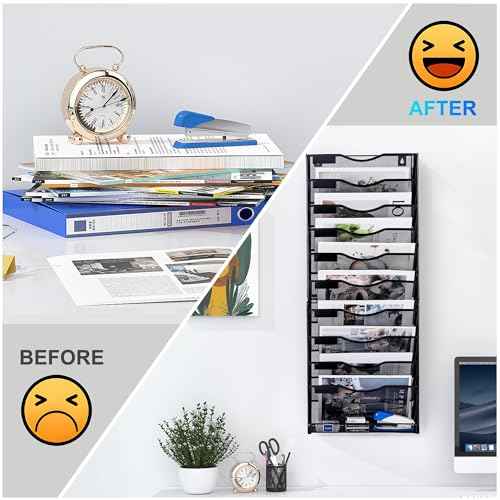 10-Tier Wall File Organizer, Mesh Mail Organizer Wall Mounted Paper Document Holder, Vertical Magazine Rack, Metal Hanging Clipboard Storage Basket for Office Home School Organization, Black