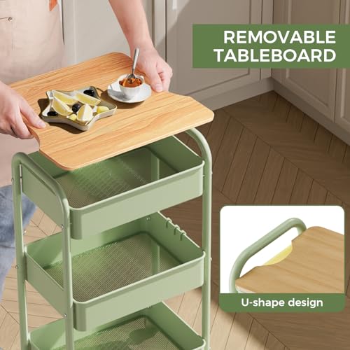 Johgee 3-Tier Rolling Cart with Tabletop - Locking Wheels, Removable Top Board, 150lb Capacity (Green)