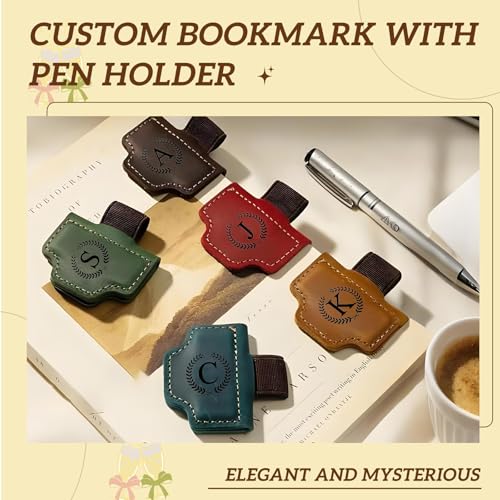 MOTEERLLU Bygone Mark Personalized Magnetic Leather Pen Holder Bookmark, Custom Bookmarks with Initial for Reading Women, Men, Teachers, Book Lovers Gifts£¨Red J£©
