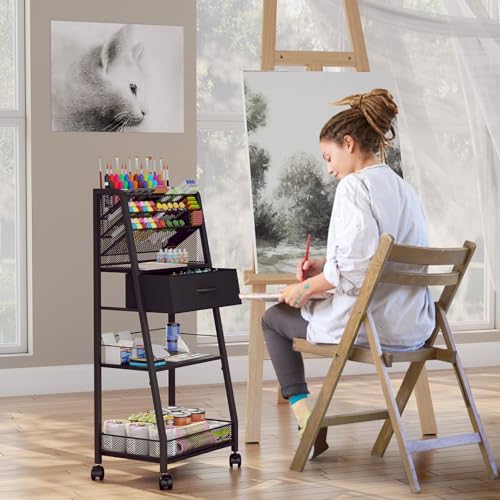 3 Tier Rolling Cart - Metal Utility Cart with Storage Drawer and Wheels, Versatile Art & Craft Organizer for Home, Office, or Studio - Ideal for Storing Brushes, Paints, and Supplies£¨Black£©