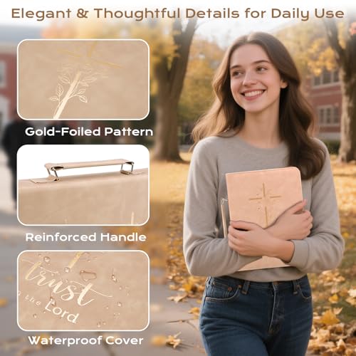 XKDOUS Women's Leather Bible Cover Large Khaki & Golden Cross