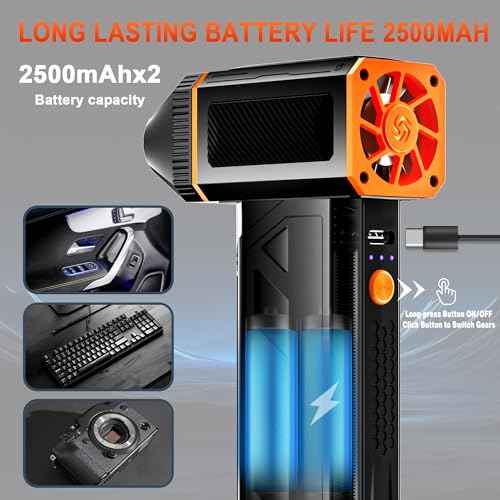 Compressed Air Duster - 130000RPM Electric Air Duster - 3 Gear Adjustable Cordless Jet Dry Blower - Mini Blower Turbo Fan - Rechargeable Air Duster for PC, Keyboard and Car