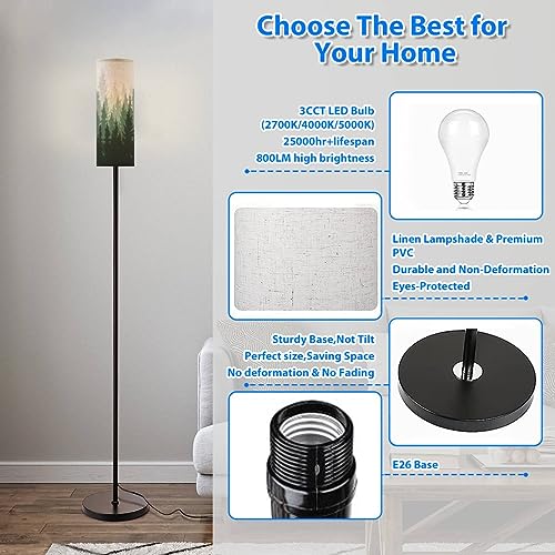 Boho Standing Lamps Forest nature landscape coniferous trees Pine Silhouette Minimalist Floor Lamp Metal Pole Lamp with Linen Lampshade for Bedroom Living Room Office Nursery Reading Foot Switch
