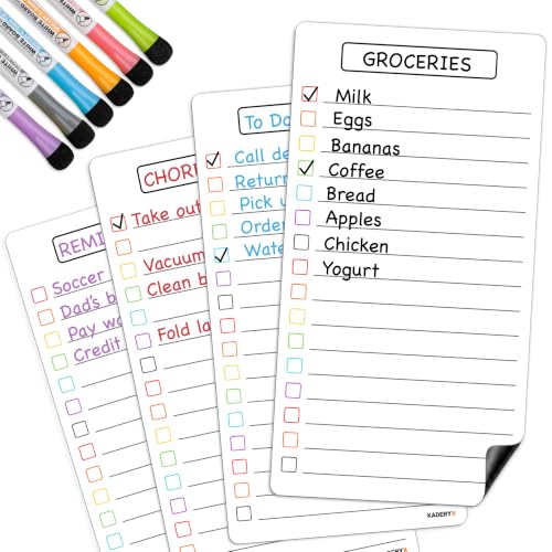 KADERYX 4-Pack Magnetic Dry Erase Refrigerator Boards 5x9.5" Colorful Checklist Set