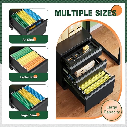 Letaya 3-Drawer Mobile Metal File Cabinet 14.57x17.32x24.40in Black Locking Under Desk Organizer