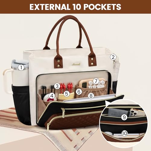 LOVEVOOK Teacher Tote Bag for Women Work, Laptop Bag With Large Cup Holder, Nurse Bags Professional Briefcase Business Computer Purses Handbag, Black-Beige-Brown, 15.6 Inch