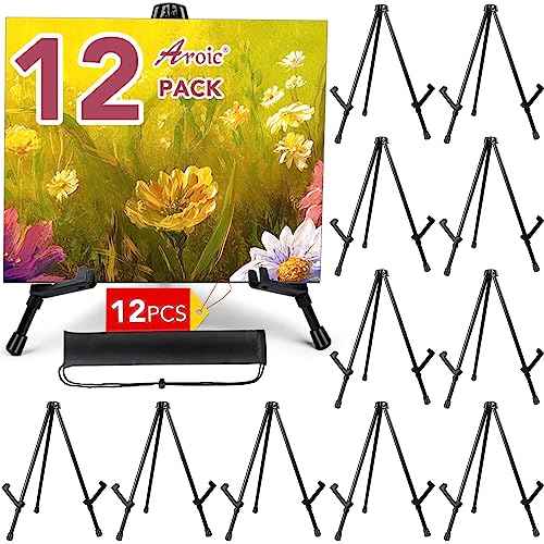 AROIC 12 Pack 14'' Tabletop Easels, Black Steel Table Top Easels for Display, Adjustable Portable Table Top Easel for Paintings, Signs, Posters,Frame Pictures(with 12 Bags)