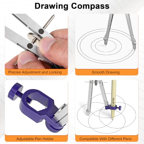 Nicpro 20PCS Professional Geometry Drafting Set with Compass, Protractor, Ruler & Pencils