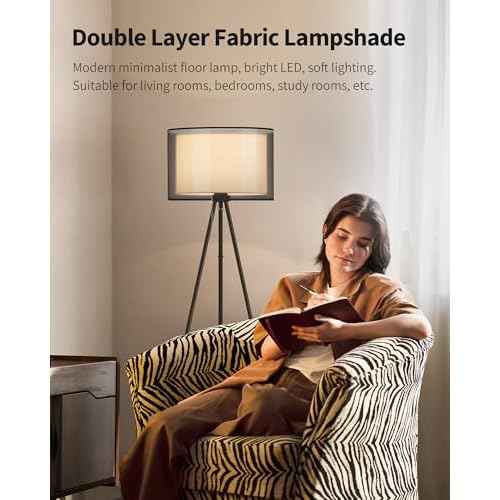 KDG Modern Floor Lamp - Tall Tripod Lamp for Living Room, Bedroom, Office; Fabric Shade, LED Bulb, Warm Light (Black)