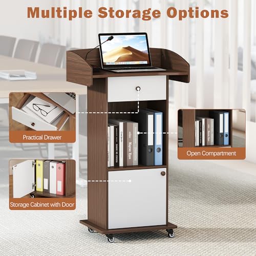 Qriocioa Brown & White Podium Stand with Wheels, Wooden Lectern with Storage