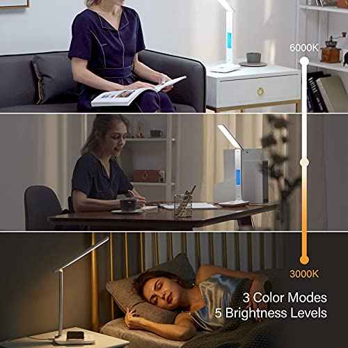 poukaran LED Desk Lamp with Wireless Charger, USB Charging Port, Table Lamp with Clock, Alarm, Date, Temperature, Desk Lamps for Home Office,Black
