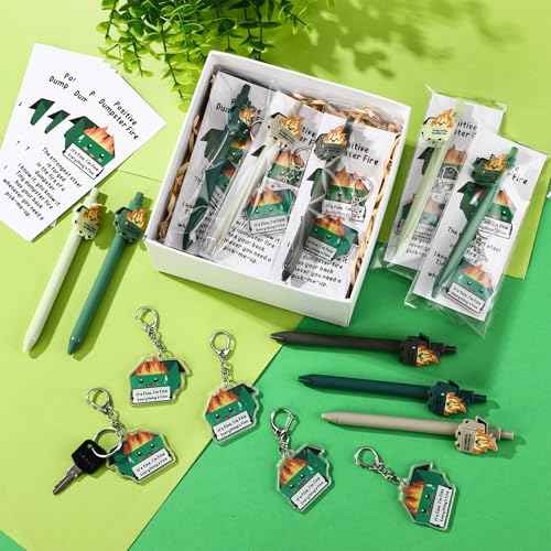 100 Sets Dumpster Fire Pen Gifts for Coworker Positive Funny Pens Dumpster Fire Desk Accessories Acrylic Keychains Bookmarks Support Gifts for Team Coworker Teachers Boss Nurse