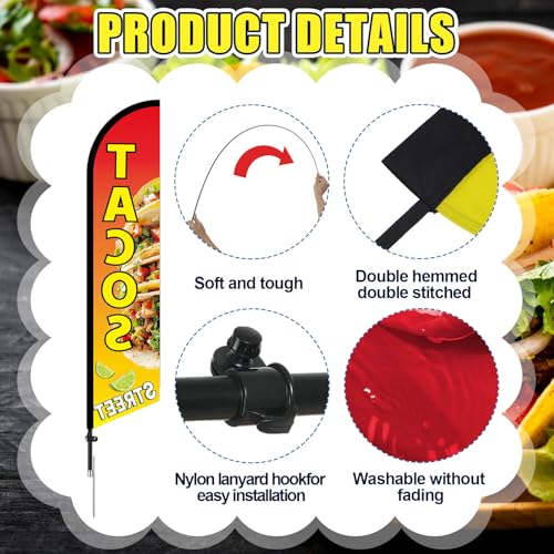 Tacos Street Advertising Swooper Flag Banner 15ft Feather Flag with Pole and Ground Stake Advertising Feather Banner Sign for Restaurant Business Outside Ground