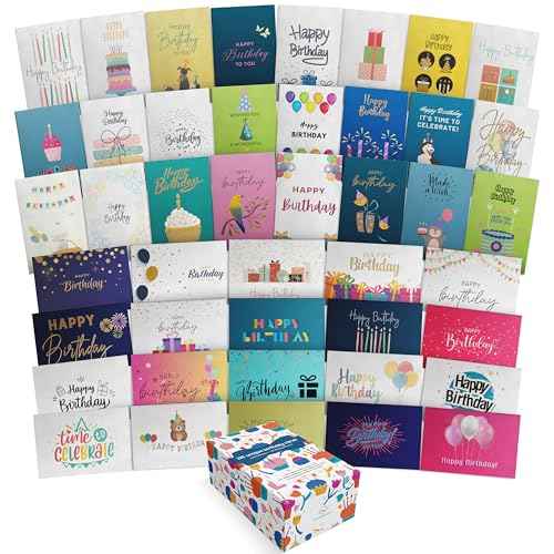 Dessie 120 Unique Happy Birthday Card Assortment 4x6 - Bulk Birthday Cards with Envelopes, Message Inside, Box & Gold Seals ? Assorted Birthday Cards Multipack for Employees Men Women