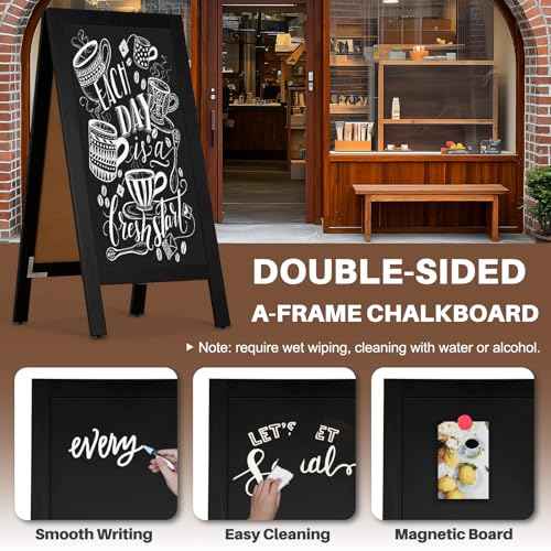 4 THOUGHT A-Frame Double-Sided Magnetic Chalkboard 40"x20", Solid Pine Wood Freestanding Sandwich Board for Restaurants, Cafes, Weddings (Black)