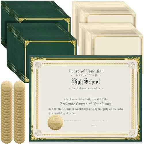 Kosiz 300 Pcs Linen Certificate Holders Kit 100 Gold Foil Certificate Paper 100 Single Sided Linen Diploma Holders 8.5'' x 11'' 100 Gold Foil Award Seals Sticker for Award Accomplishment (Green)