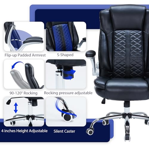 HESL 400lbs Heavy Duty Executive Office Chair Black Flip-Up Armrests Ergonomic Breathable PU Leather