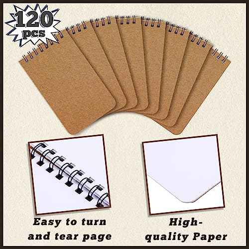 Kisston 120 Pcs Top Bound Memo Books Bulk Memo Notebooks 25 Sheets/pad Mini Memorandum Small Wirebound Spiral Notepad Paper Pocket Notebook for Home Office(3 x 5 Inch,Kraft Color)
