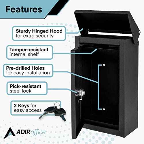 AdirOffice Outdoor Large Key Drop Box - Commercial Grade Heavy-Duty Storage Box - Safe & Secure Parcel & Packages - for Home & Business Use (Black)