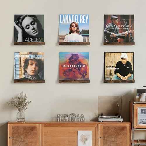 Vinyl Record Shelf Wall Mount, 6 Pack 12 inch Album Record Holder Display, Wood Floating Shelves for Wall Decor, Album Shelves, Kids Bookshelf, Magazine Rack, Walnut