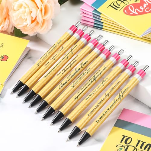 ReliThick 50 Sets Christmas Teachers Notebook Pens Bulk Teacher Appreciation Gift Inspirational Notebook Journal Glitter Ballpoint Pens with Organza Bag for Woman Coworker Staff Office
