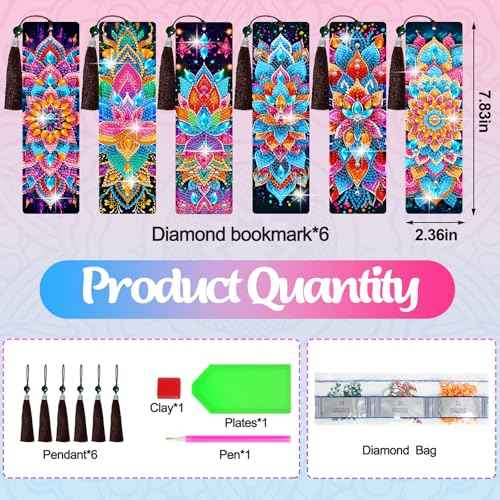 6 Pcs Diamond Art Bookmarks Kits for Adults,DIY Small Diamond Painting Bookmark, 5D Diamonds Dot Craft Making for Book Lovers(Mandala)