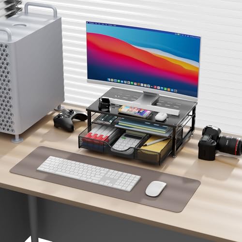 Gianotter Black Monitor Stand Riser with Drawer - Adjustable Desk Organizer